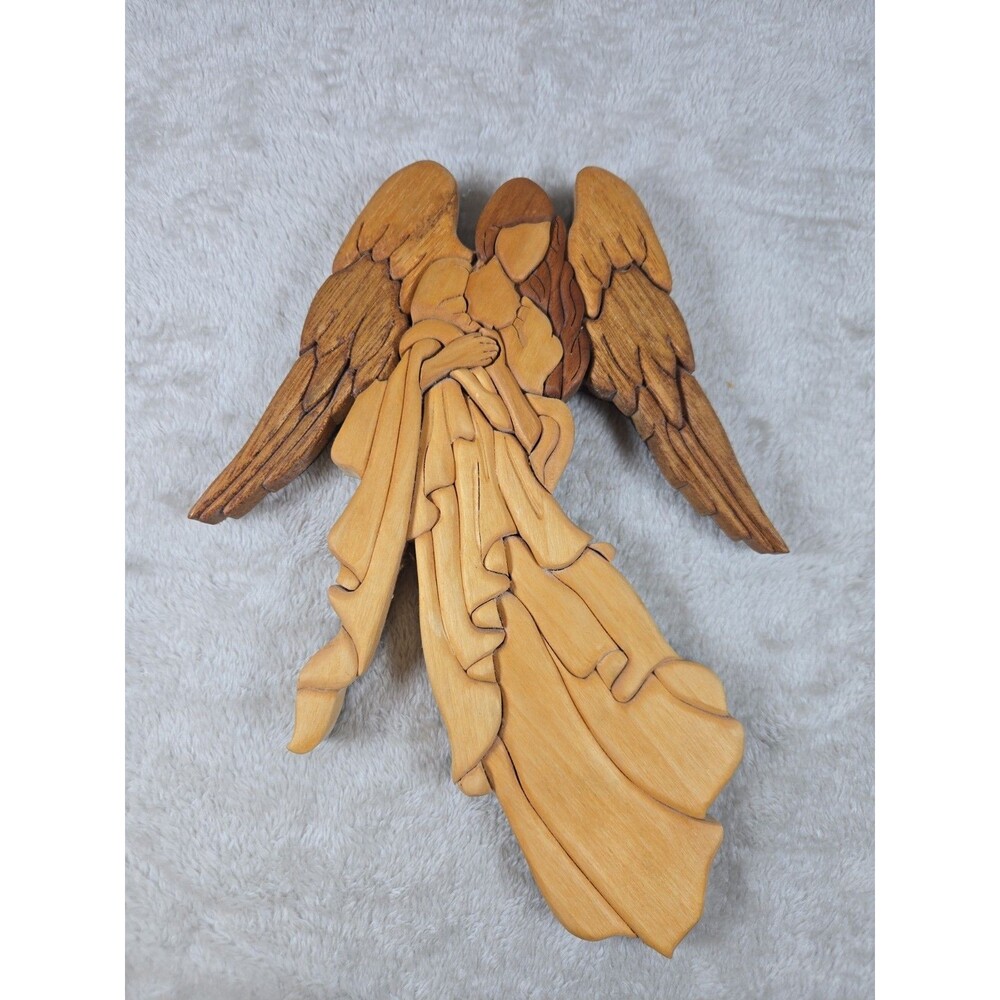 Wood Intarsia 3D Angel Wall Hanging Vintage Handmade Stained 11”